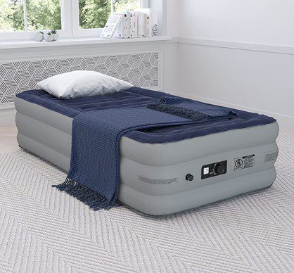 This is an example of a twin-size air mattress from Amazon which can be used for single sleepers indoors and outdoors.