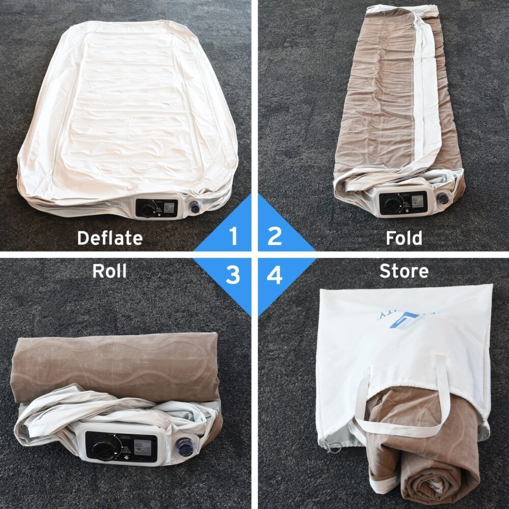 Deflate your air mattress and fold it carefully to be able to roll it and keep it stored safely. Image source wayfair