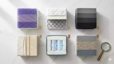 Top mattress brands compared: cross-section view of six different mattress types including memory foam, innerspring hybrid, gel grid, latex, air chamber, and cooling foam