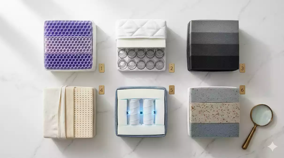 Top mattress brands compared: cross-section view of six different mattress types including memory foam, innerspring hybrid, gel grid, latex, air chamber, and cooling foam